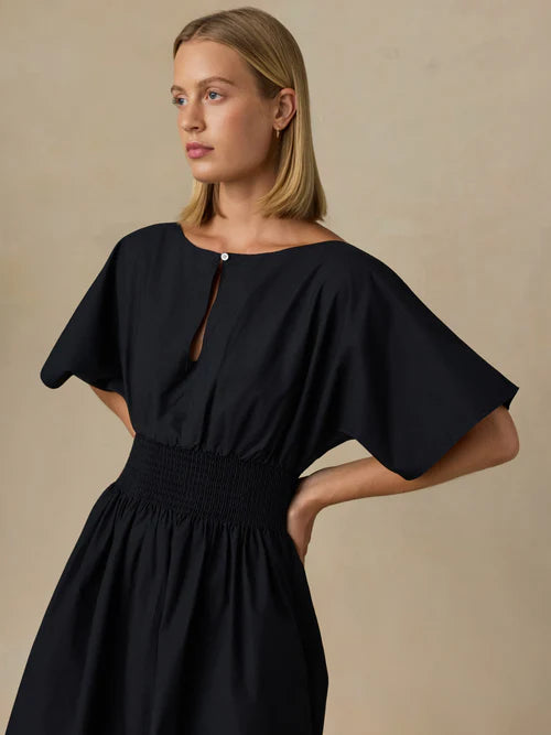 SERENOVAA   Coastal Poplin Elia Mini Smocked Dress - Black